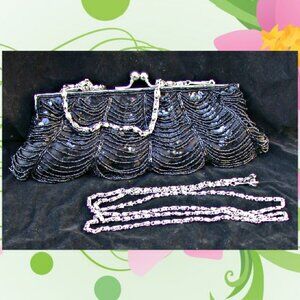 INS Black Sequin and Beaded Evening Handbag Small Clutch Purse